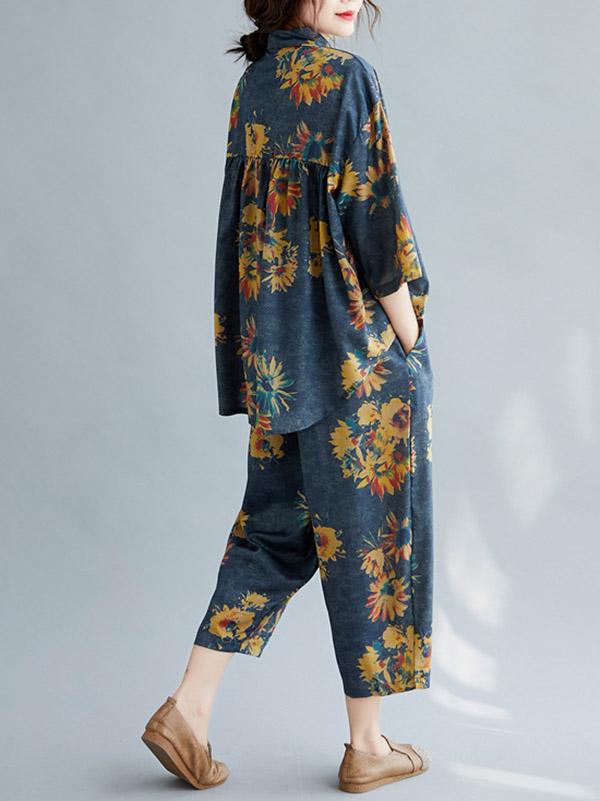 Casual Floral Shirt Blouse Tops+Harem Pants Suits