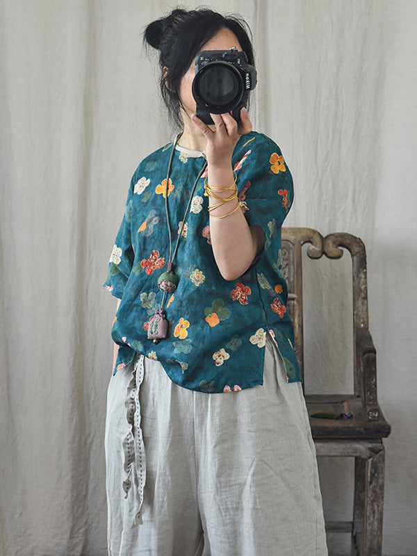 Intage Casual Floral Split Hem T-Shirt