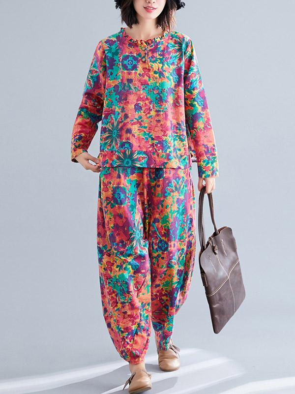 Loose Retro Floral Printed Blouses and Pants Suits