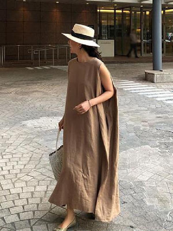 Simple Loose Split-side Sleeveless Long Dress
