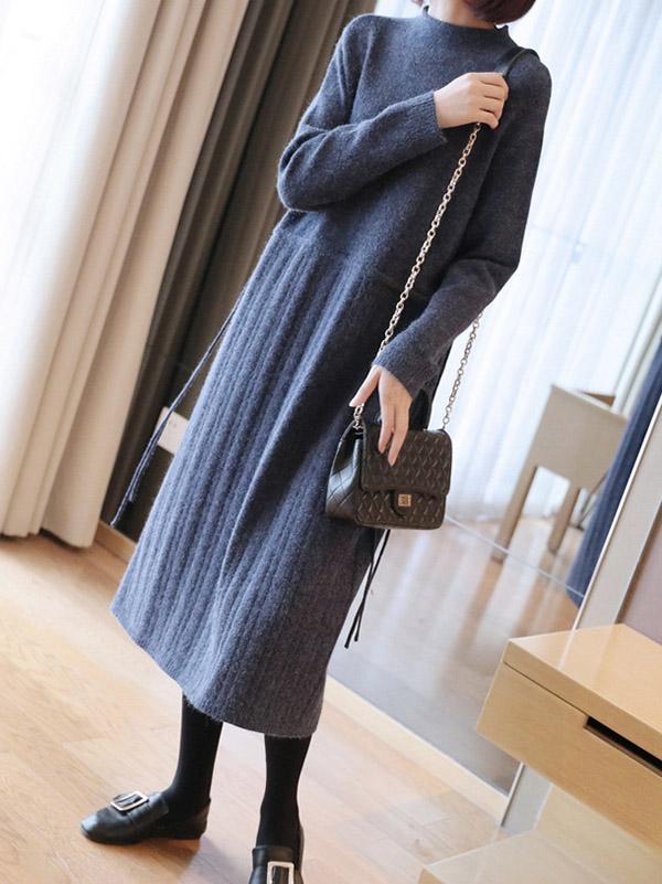 Plain Elasticity Pleated Knit Midi Dress