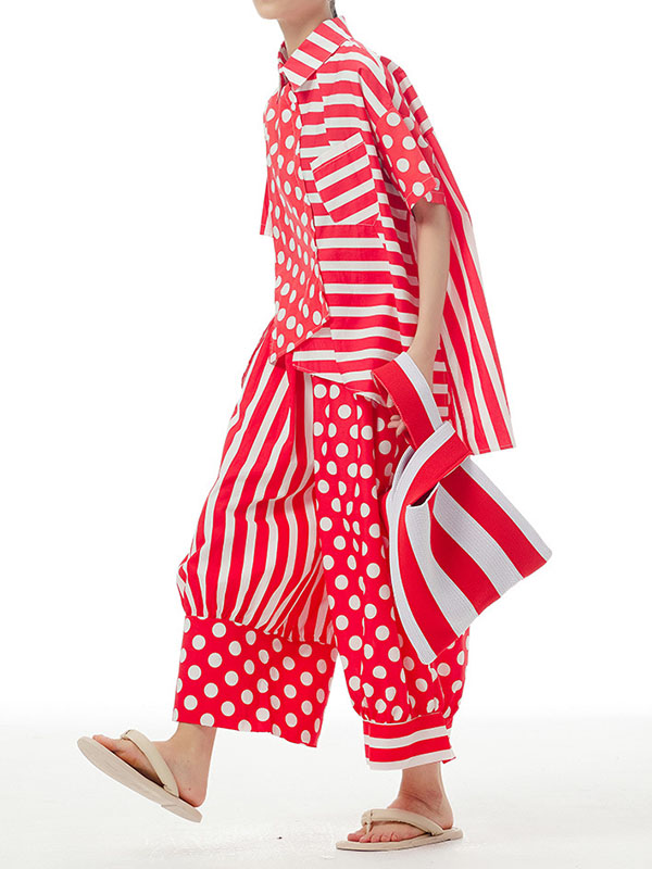 Irregular Clipping Roomy Polka-Dot Split-Joint Striped Lapel Shirts Tops