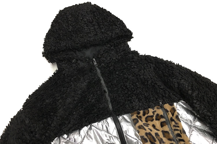 Women Leopard Print Pocket Color Block Coat