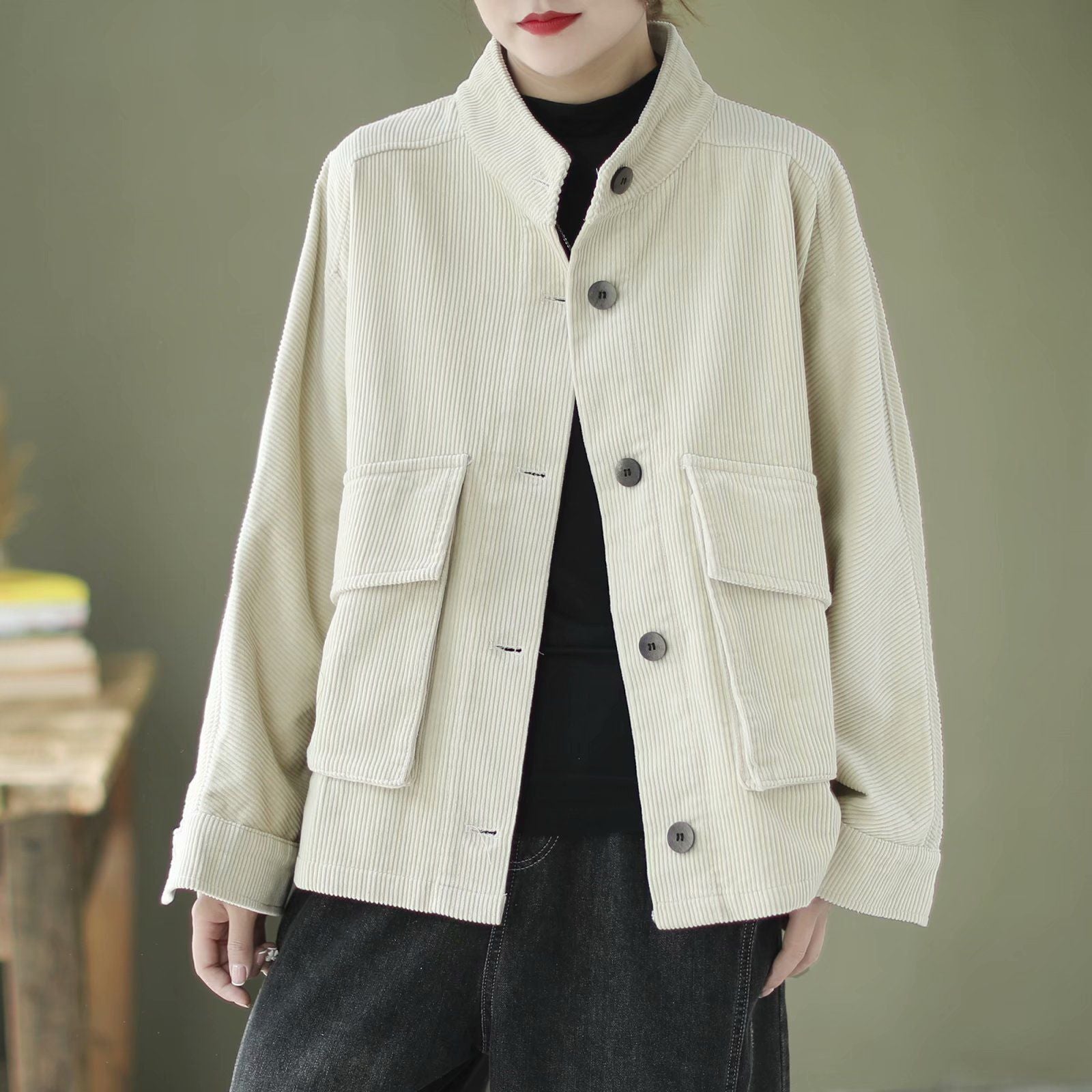 Loose Casual Solid Color Stand Collar Coat