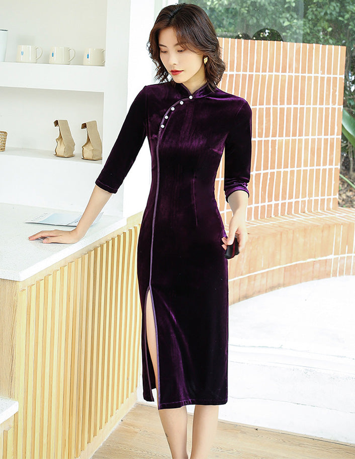 Vintage Stand Up Collar Black Seven Part Sleeve Cheongsam Maxi Dress