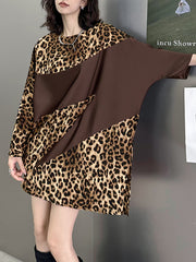 Batwing Sleeves Roomy Asymmetric Contrast Color Leopard Letter Print Split-Joint Round-Neck Mini Dresses