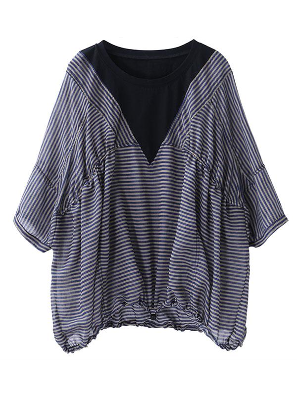 Artistic Striped Split-Joint V-Neck Tops