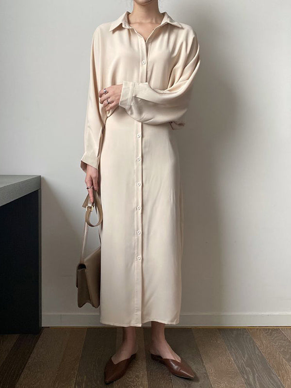 Long Sleeves Solid Color Lapel Puff Sleeve Shirt Dress