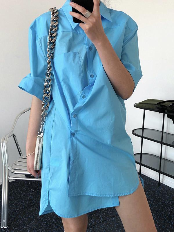 Original Solid Cropped Lapel Shirt Dress