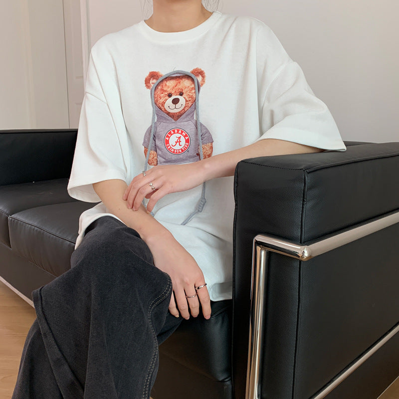 Round Neck Bear Print Short Sleeves T-Shirt Tops