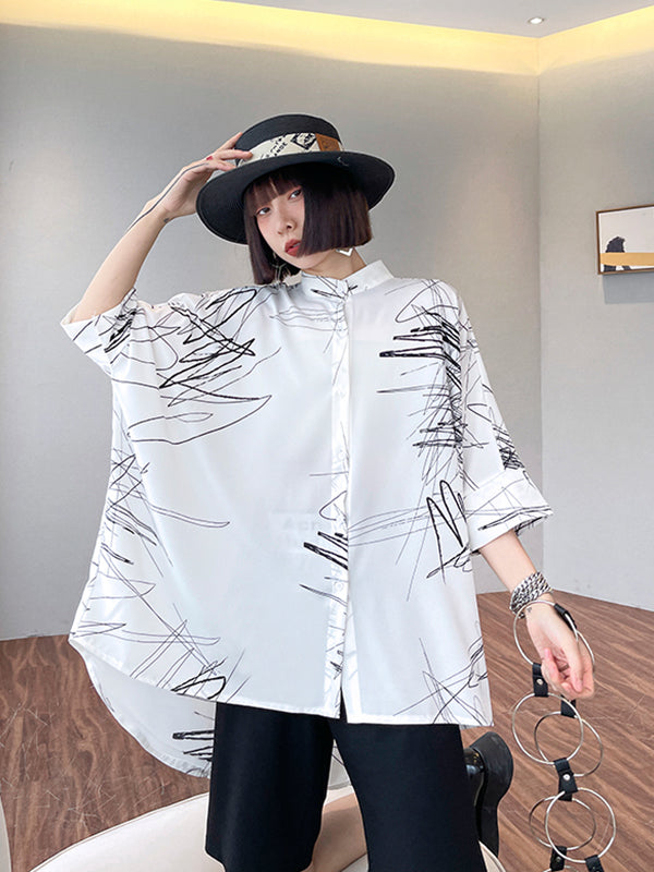 Loose Abstract Printed Irregular Stand-Collar Blouse