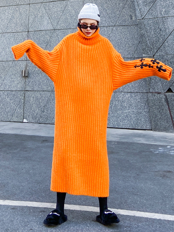 High-Neck Printed Knitting Midi Dress