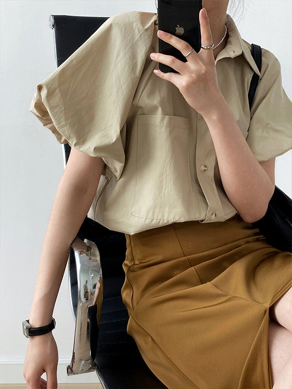 Retro Lapel Solid Color Loose Short Sleeve Shirt