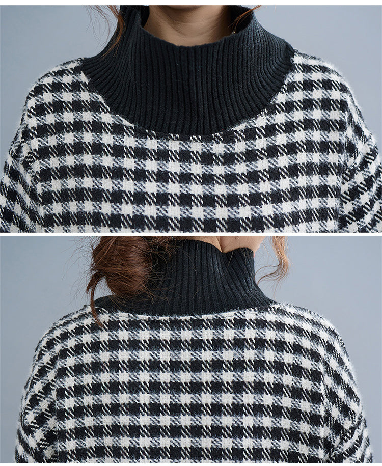 Large Size Loose Mid-Length Plaid Turtleneck Dress