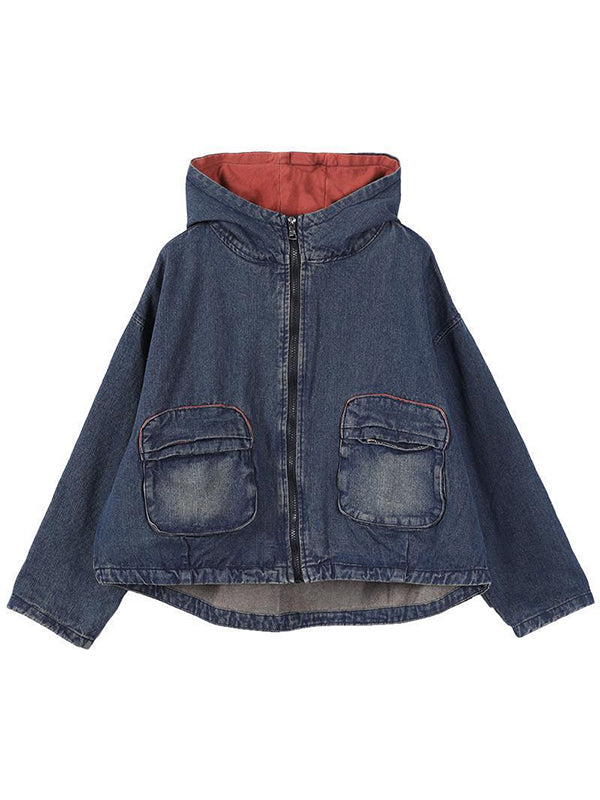 Loose Splicing Denim Hoodie Outwear