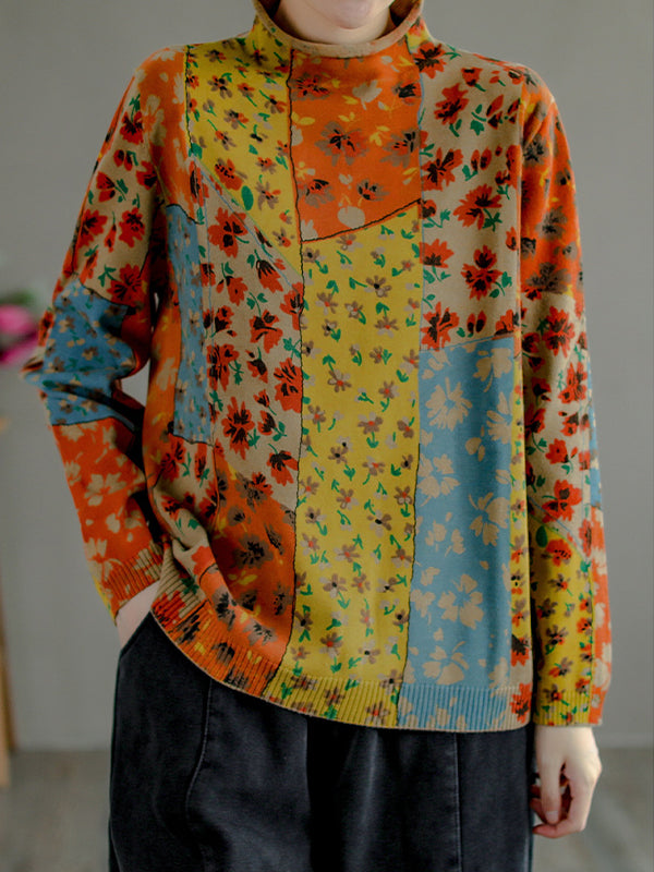 Splicing Print Vintage Pullover Sweater