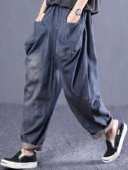 Vintage Loose Cropped Pocket Splicing Jean Harem Pants