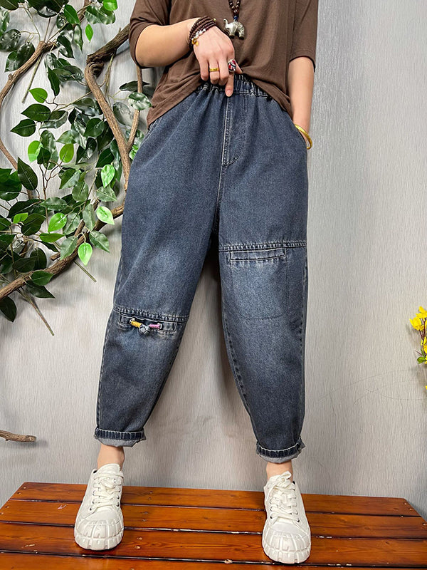 Elastic Waist Solid Color Jeans Pans