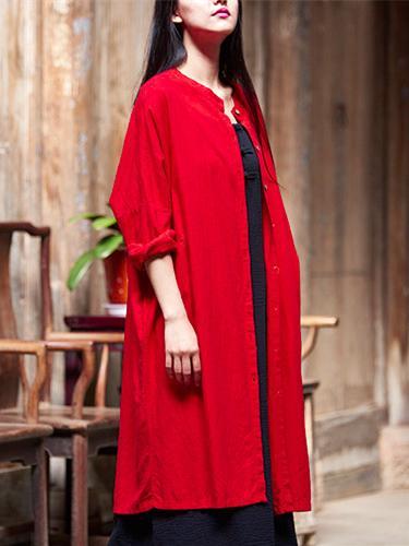 Soft Red Ramie Cotton Linen Cover-up Cardigan