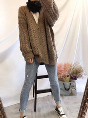 Knitting V-neck Solid Loose Cardigan Outwear