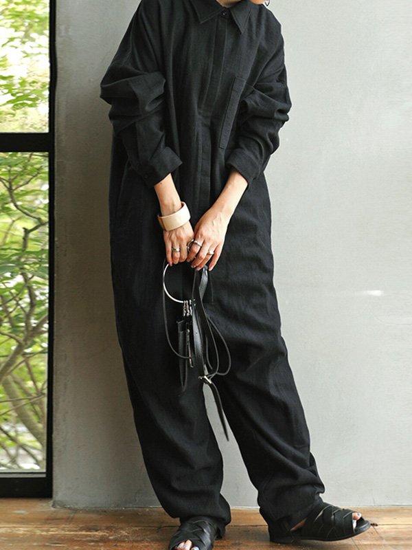 Casual Ramie Cotton Solid Color Split-Joint With Pocket Lapel Collar Long Sleeves Wide Leg Jumpsuits