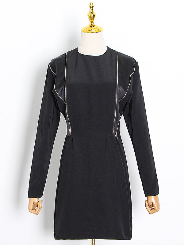 Zipper Split-Joint Round-Neck Mini Dress