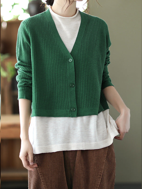 Retro Color-Block Fake Two-Piece Knitted Sweater Cardigan