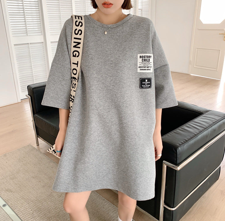 Printed Half Sleeves Loose Round Neck T-shirt Dress