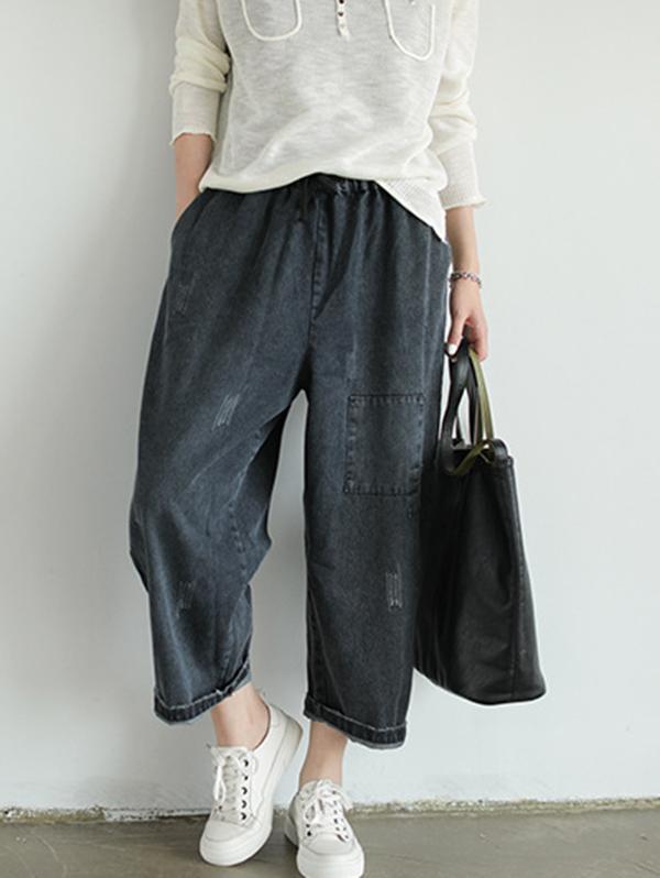 Loose Retro Patches Drawstring Ninth Harem Pants