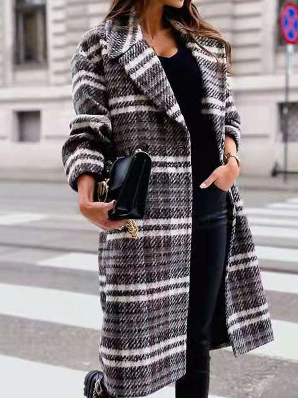 Classic Plaid Lapel Collar Midi Outerwear