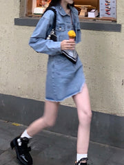 Denim Short Cardigan Irregular Half Skirt Two-Piece Suit