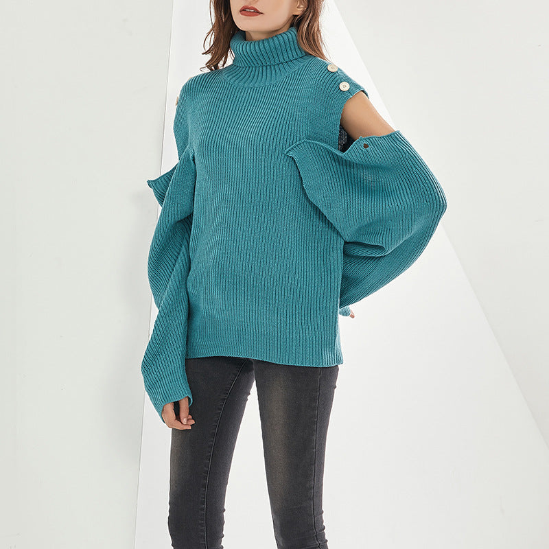 Women Loose Strapless High Neck Pullover Sweater