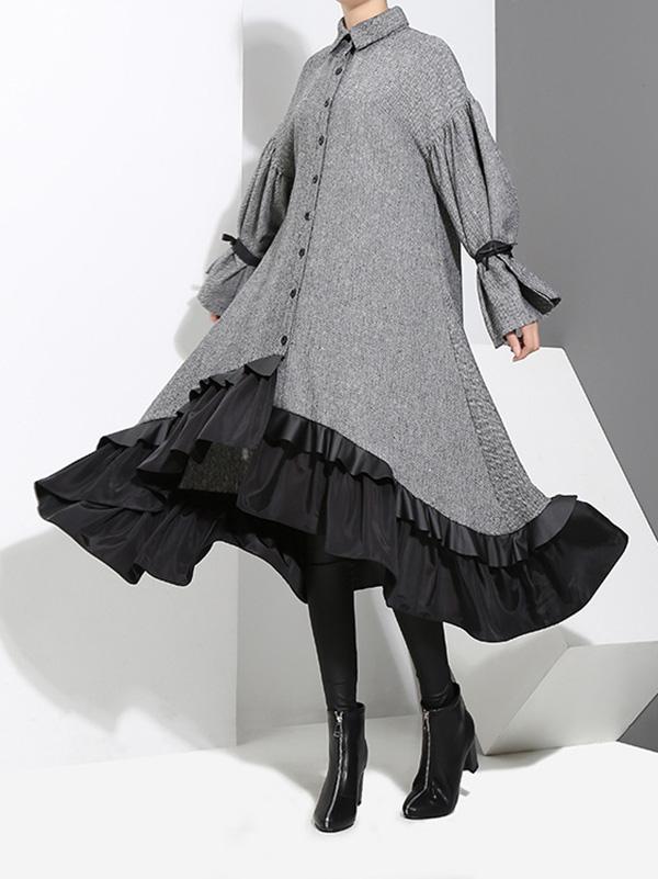 Loose Split-joint Falbala Lapel Blouse Dress