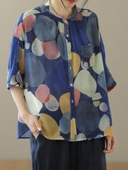 Loose Stand Collar Printed Cardigan Casual Shirt