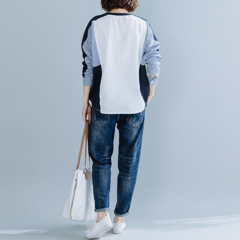 Long-Sleeved Stitching Button-Decorated Blouses Shirts Top