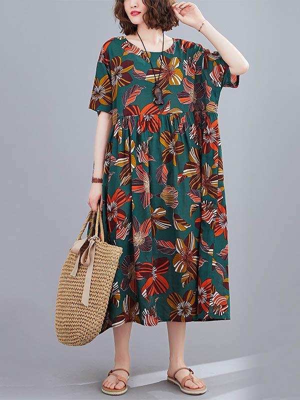 Vintage Floral Round-Neck Short Sleeve Dress