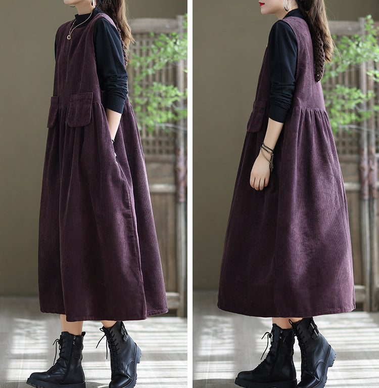 Round Neck Solid Loose Corduroy Midi Dress