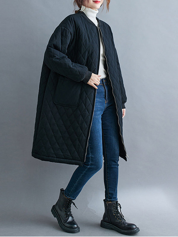 Women Loose Check Pocket Casual Coat