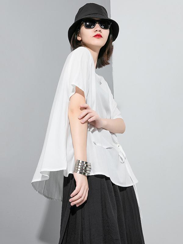 Simple Split-Joint Solid Lace-Up T-Shirt