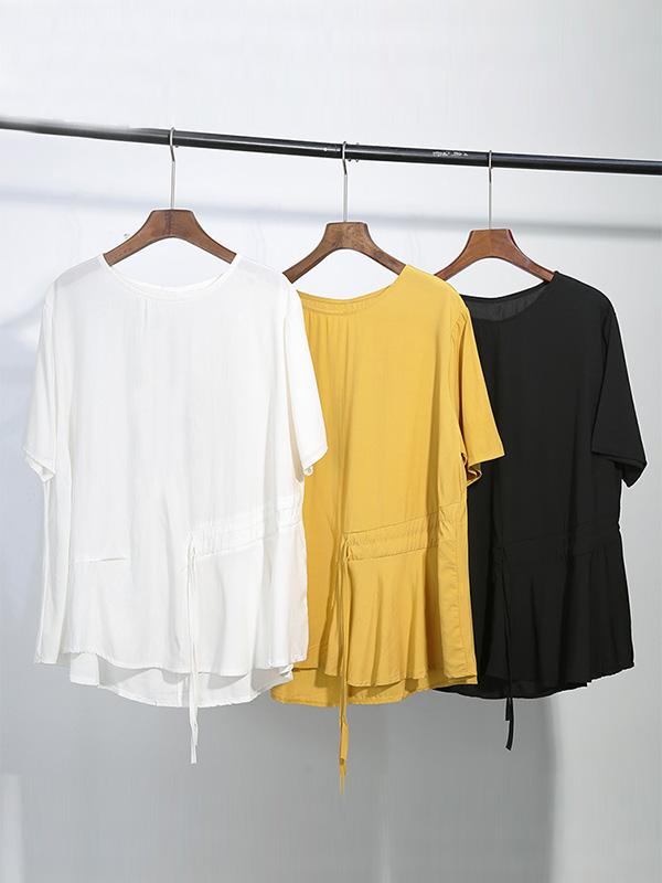Simple Split-Joint Solid Lace-Up T-Shirt