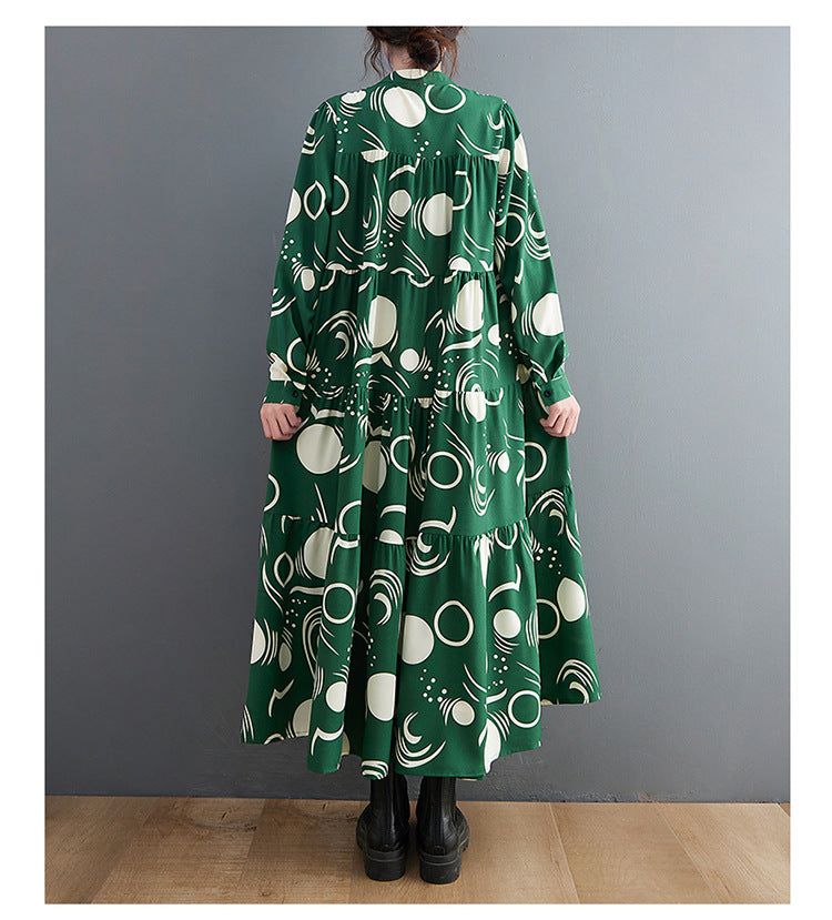 Vintage Print Long Sleeve Midi Dress
