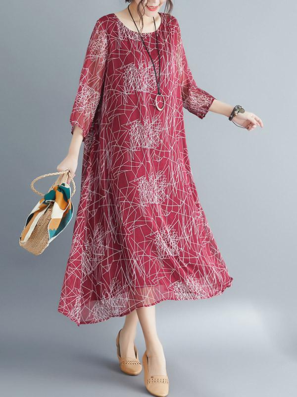 Loose Print Vintage Round Neck Dress