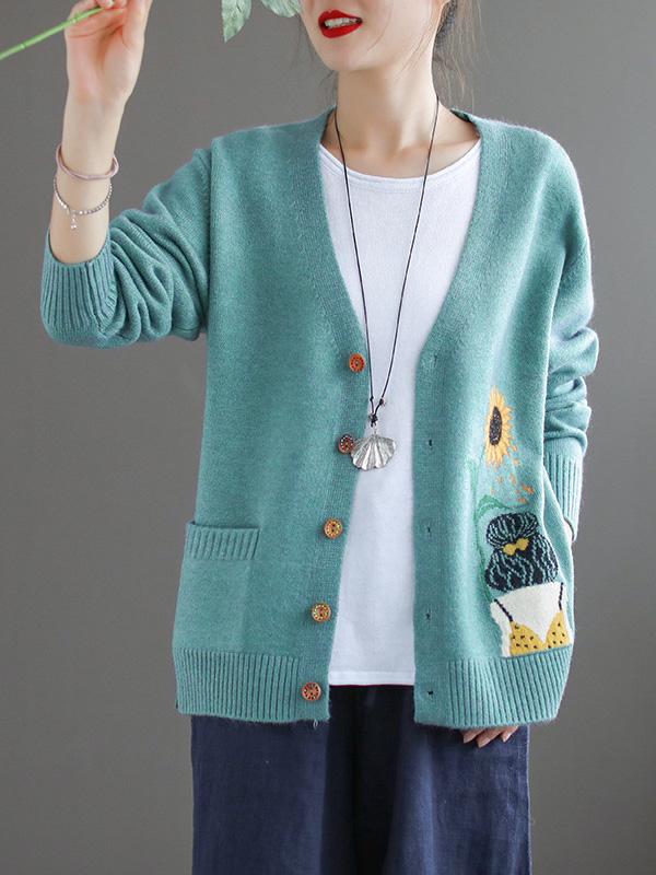 Vintage Printed Kniting Loose Sweater Outwear