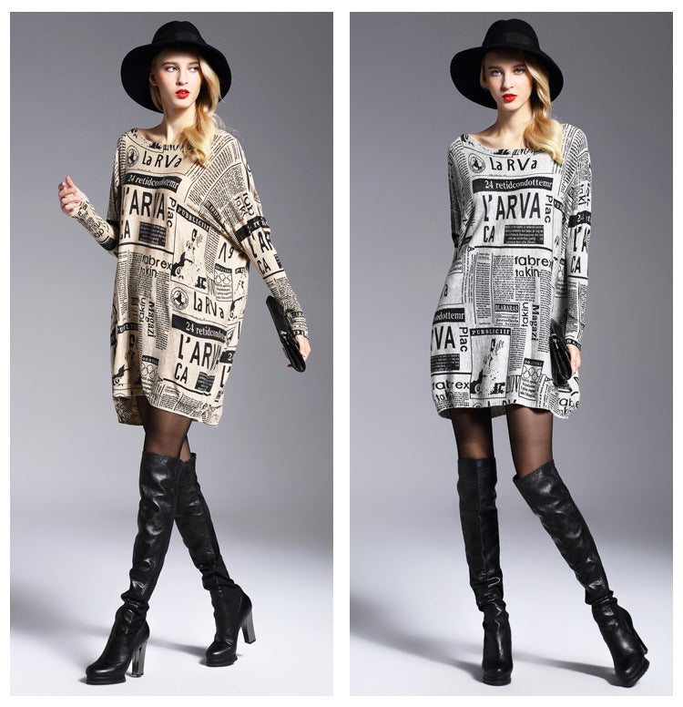 Loose Newspaper Printed Knitted Sweater