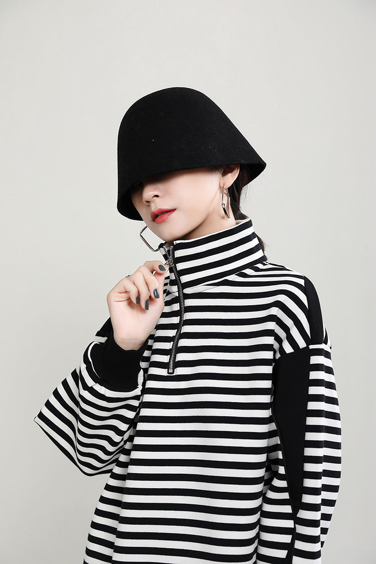 Women Loose Striped Zipper Sweatshirt