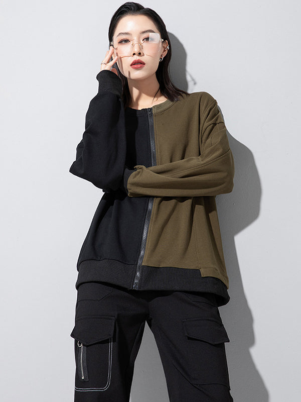 Casual Roomy Long Sleeves Contrast Color Split-Joint Zipper Round-Neck Sweatshirt Tops