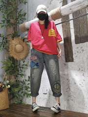 Vintage Loose Embroidered Cartoon Fish Patchwork Jean Pants