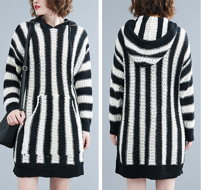 Loose Striped Hooded Knitted Mini Dress