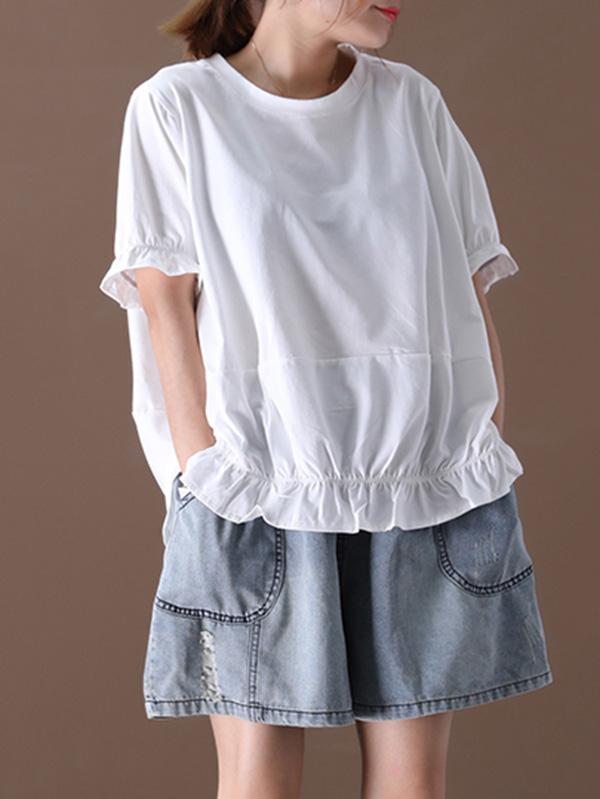 Simple Solid Pleats Falbala T-Shirt