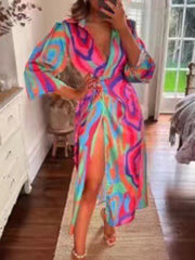 High Waisted Long Sleeves Asymmetric Knot Printed Zebra-Stripe Lapel Maxi Dresses